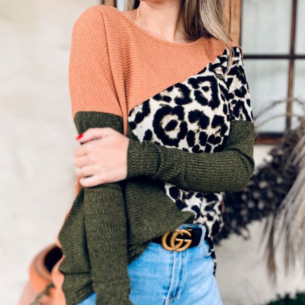 Amoli Leopard Color Block Ribbed Tunic Top - Picture 5 of 5